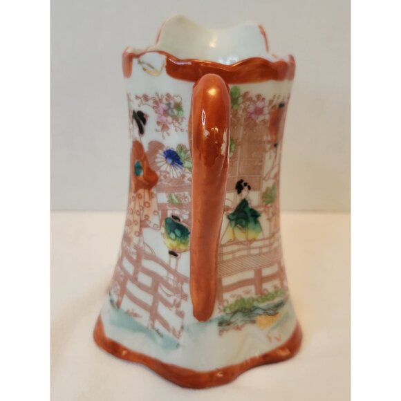 Antique Nippon Hand-Painted Porcelain Pitcher With Geisha & Floral Design 6" - Picture 6 of 9